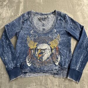 Affliction Shirt Womens Medium Blue Eagle Patriotic Biker Distressed Long Sleeve